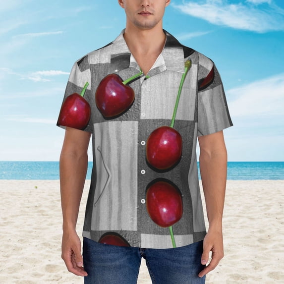 Xecao Cherries laid print Hawaiian shirt - a stylish short-sleeve button-down for men, perfect for casual beach and tropical outings.