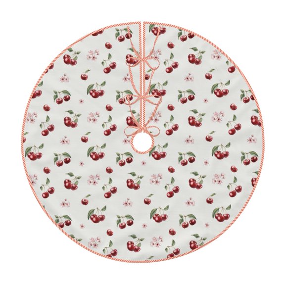Xecao Cherry Berries Pattern Christmas Tree Skirt Round Xmas Tree Mat Base Cover for Holiday Home Decorations-30"