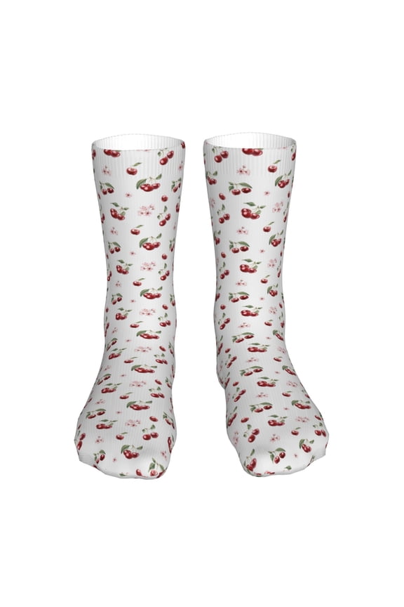 Cherry Berries Print Fashion No Heel Casual Crew Socks Cushioned Breathable for Men Women - Moisture wicking,Not easy to fade Suitable for daily