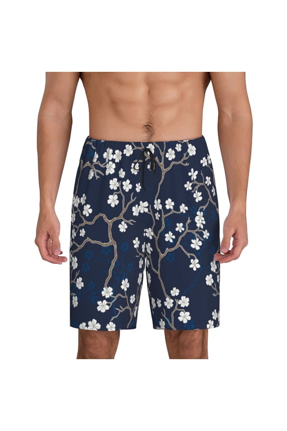 Xecao Cherry Blossoms on Navy Background Print Men's Sleepwear Shorts Pajama Bottom Lounge Short nightwear with Convenient Pockets for Relaxed Home Wear-Medium
