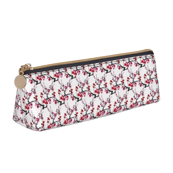 Xecao Cherry Blossoms Print Leather Pencil Case -Stationery Bag Pen Holder for Work & Office