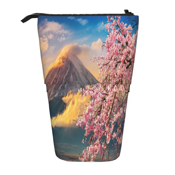 Xecao Cherry Blossoms Print Telescopic Pencil Bag Pen Holder Pop Up Stationery Case Stand-up Retractable Transformer Bag Standing Organizer