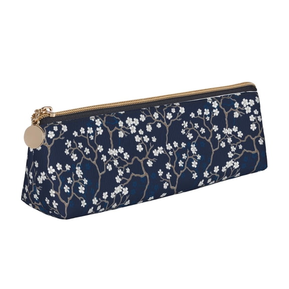 Xecao Cherry Blossoms on Navy Background Print Leather Pencil Case -Stationery Bag Pen Holder for Work & Office