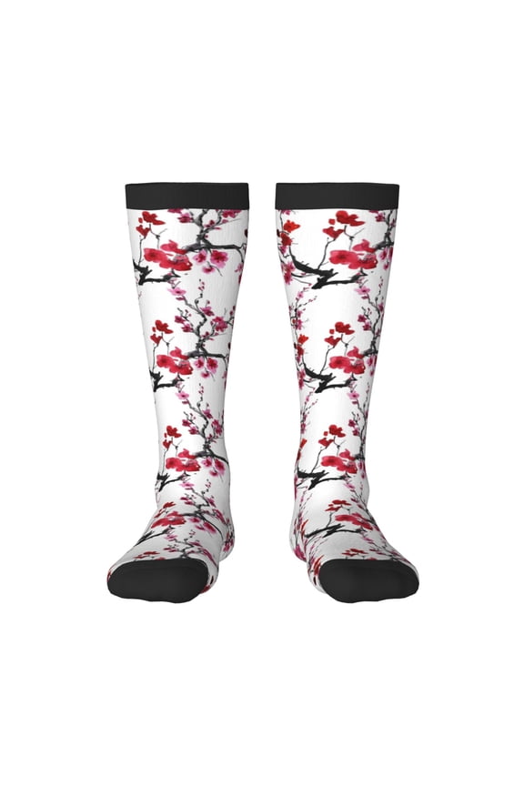 Cherry Blossoms print thigh-high socks, crafted for both men and women with a stretchy, high-opaque design perfect for daily wear