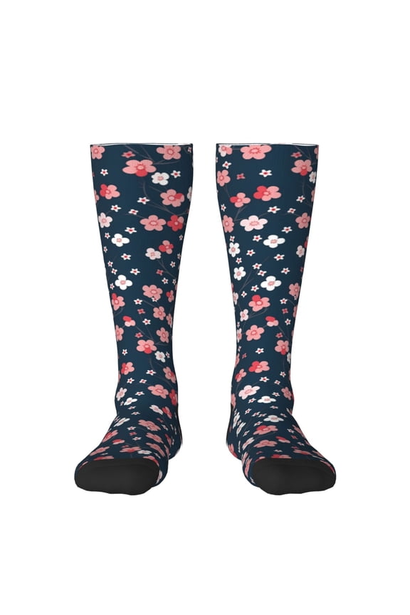 Cherry Blossoms print thigh-high socks, crafted for both men and women with a stretchy, high-opaque design perfect for daily wear