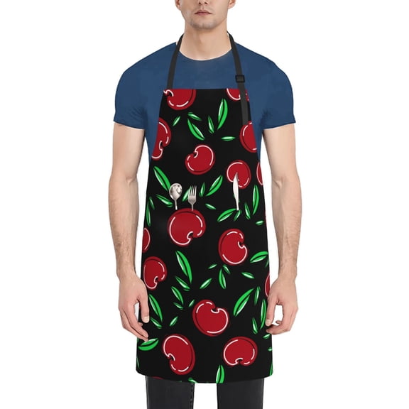 Xecao Cherry Print Kitchen Cooking Aprons, Waterproof Adjustable Bib Aprons with 2 Pockets for Women Men Chef