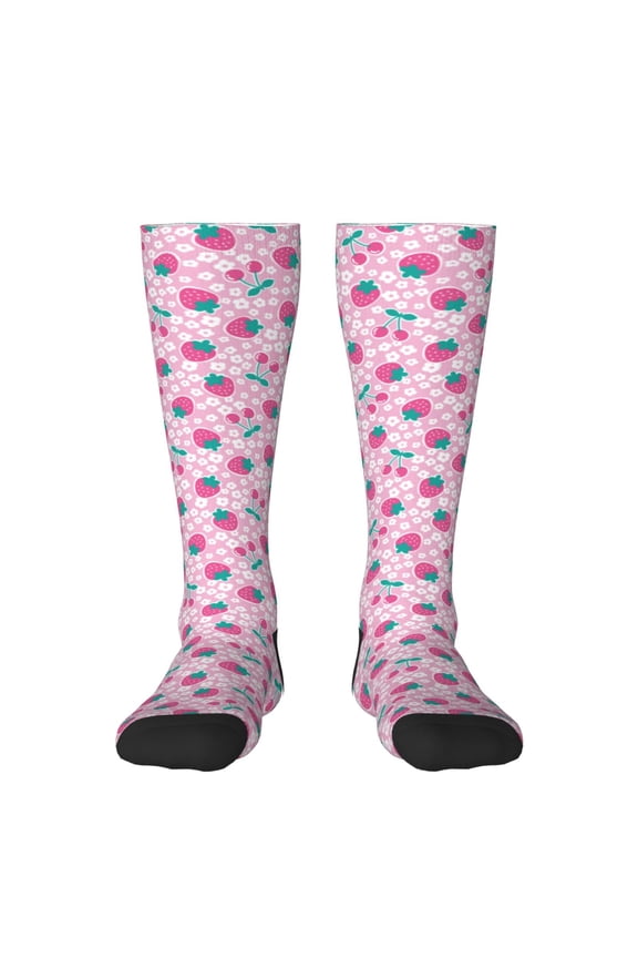 Cherry Strawberry print thigh-high socks, crafted for both men and women with a stretchy, high-opaque design perfect for daily wear