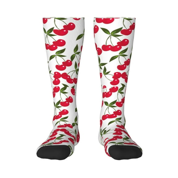 Xecao Cherry print thigh-high socks, crafted for both men and women with a stretchy, high-opaque design perfect for daily wear