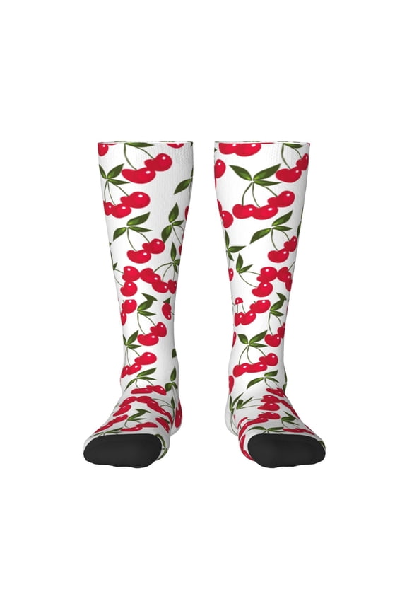 Cherry print thigh-high socks, crafted for both men and women with a stretchy, high-opaque design perfect for daily wear