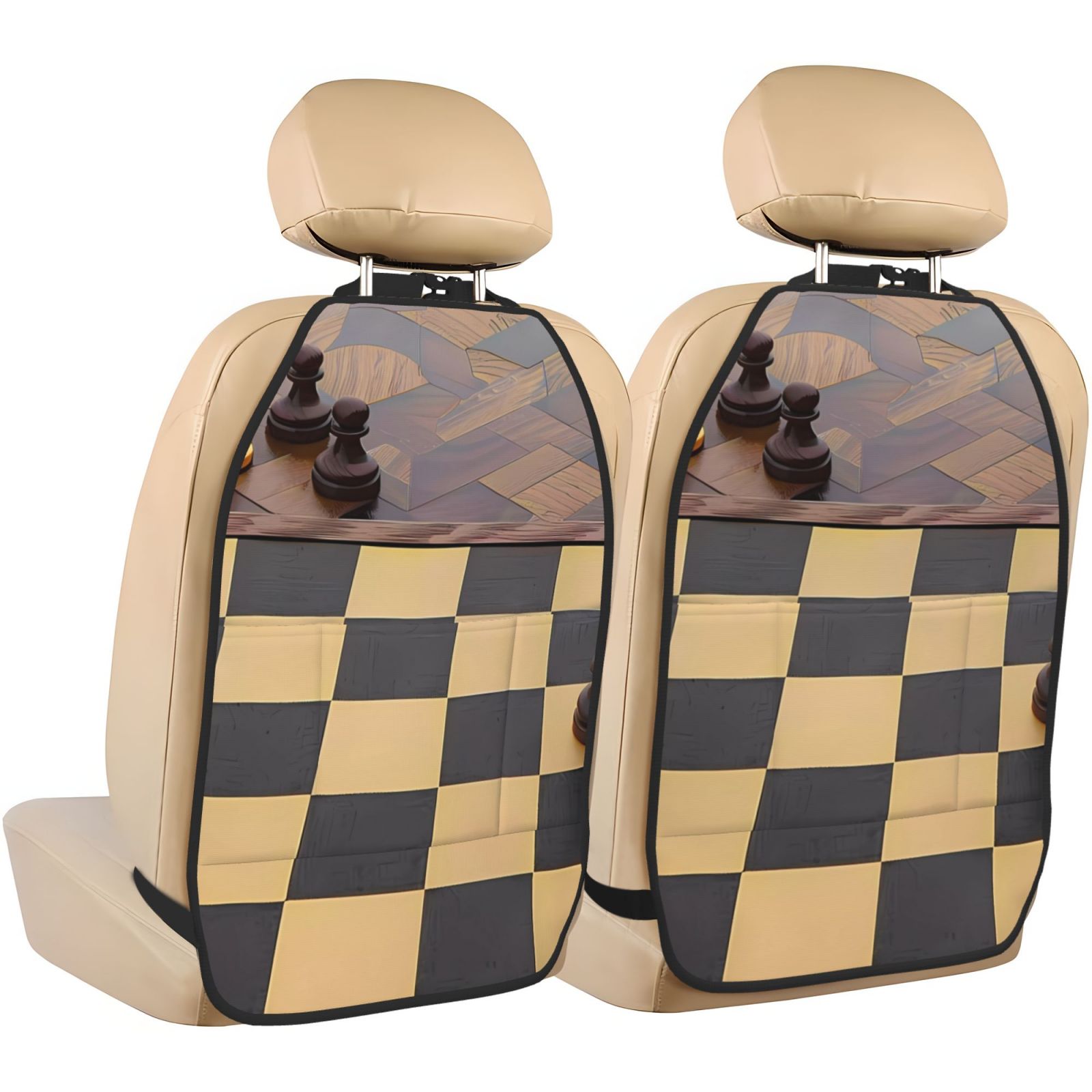 Xecao Chess Board With Pawns Pattern Car Seat Back Protector 2 Pack Large Capacity Pocket, Kick Mats Back Seat Protector