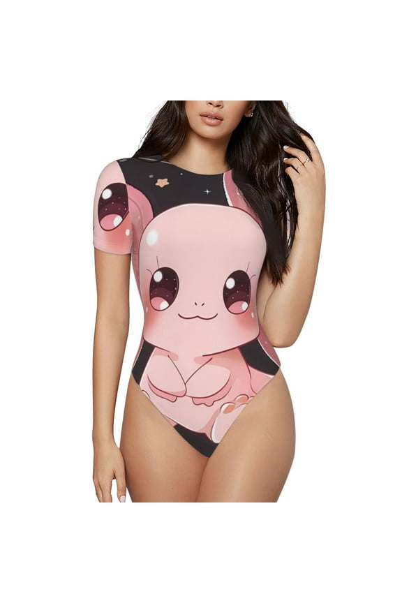 Chibi Axolotl Sakura Fantasy Pattern Women's Crew Neck Body Suit, Short-Sleeved Bodysuit and Basic Swimsuit,Both Comfort and Style for Dating and Daily life -Small