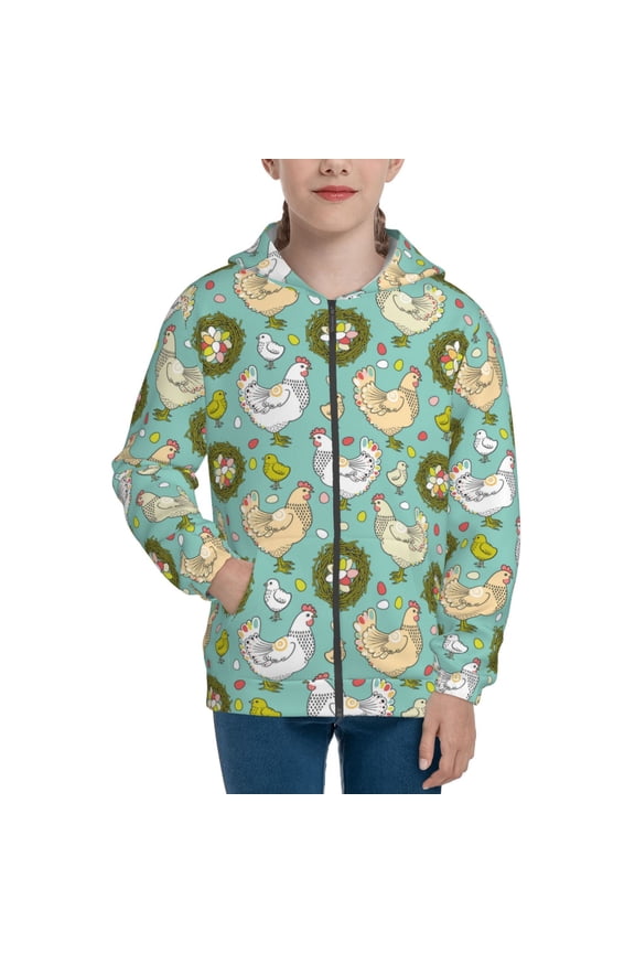 Chicken Laying Eggs Pattern Zip Up Hoodies for Boys Girls, Sweatshirt with Pockets-Medium