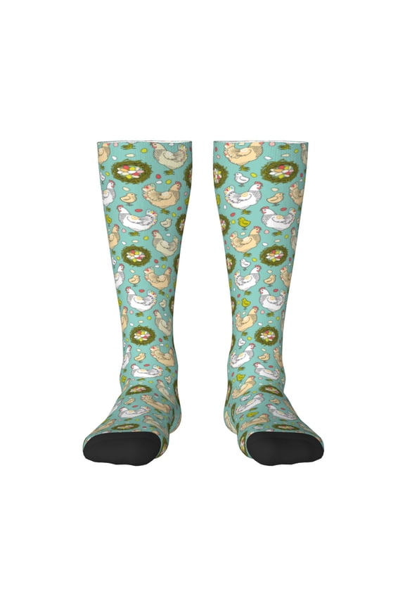 Chicken Laying Eggs print thigh-high socks, crafted for both men and women with a stretchy, high-opaque design perfect for daily wear