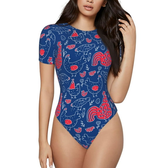 The Xecao Chicken and Rooster Women's Crew Neck Body Suit, a short-sleeved bodysuit and basic swimsuit, both comfort and style for dating and daily life