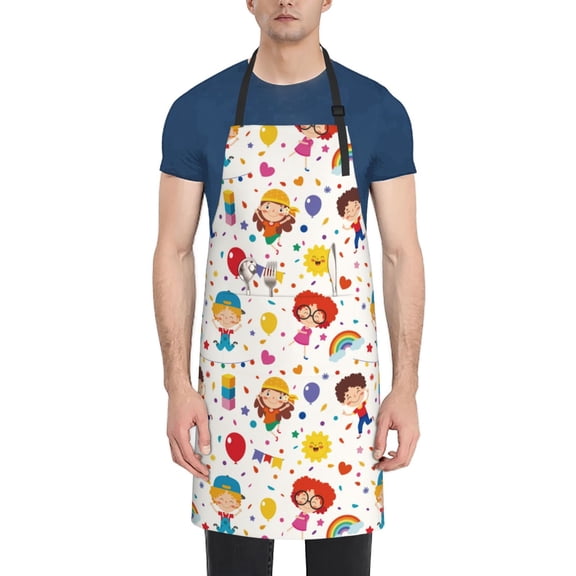 Xecao Childrens Party Print Kitchen Cooking Aprons, Waterproof Adjustable Bib Aprons with 2 Pockets for Women Men Chef