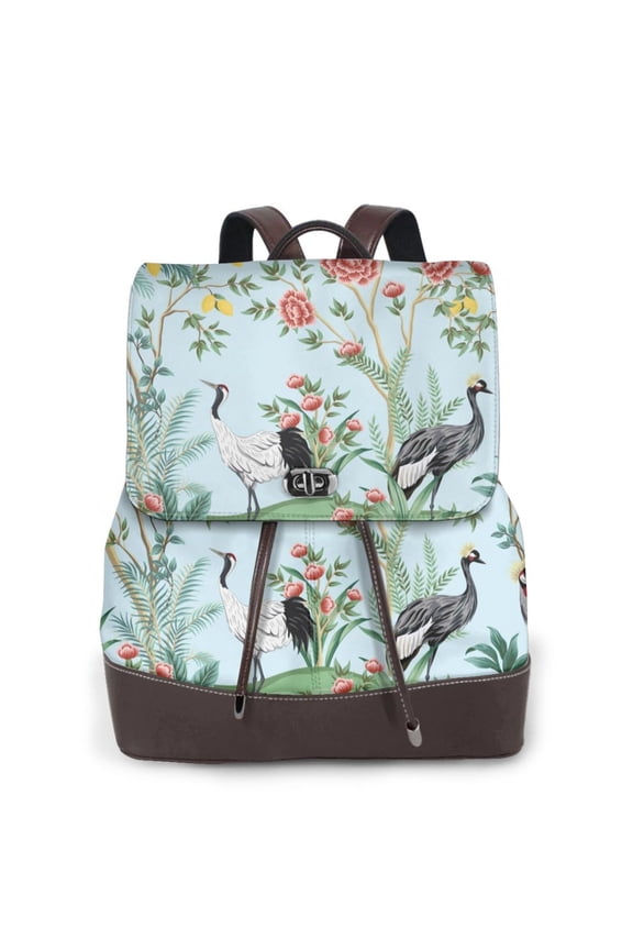 Chinoiserie Floral Palm Tree Print Large Backpack Soft Leather for Women Travel with Compartment, Adjustable Convertible Strap