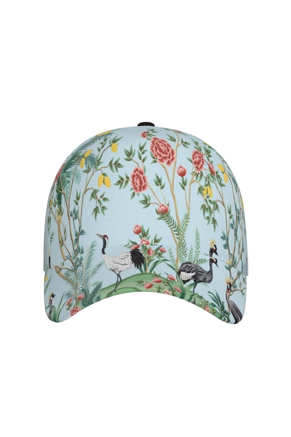 Chinoiserie Floral Palm Tree for Baseball Cap: Unisex, crafted from classic polyester twill fabric, featuring a soft unconstructed design