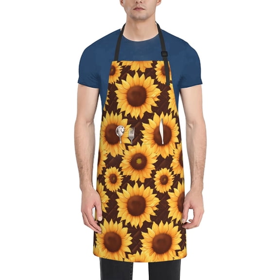 Xecao Chocolate Plaid Sunflower Print Kitchen Cooking Aprons, Waterproof Adjustable Bib Aprons with 2 Pockets for Women Men Chef