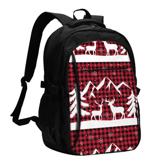 Xecao Christmas Buffalo Plaid for Travel Laptop Backpack, USB-Charging-Enabled, Spacious Business Backpack for Men and Women,College School Computer Bag