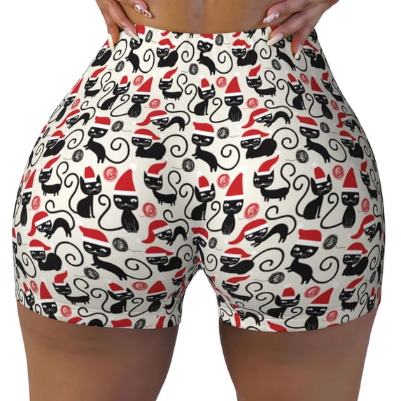 Xecao Christmas Cat Print Workout Shorts for Women Soft Smooth Gym Yoga Scrunch Active Tennis Workout Running Shorts