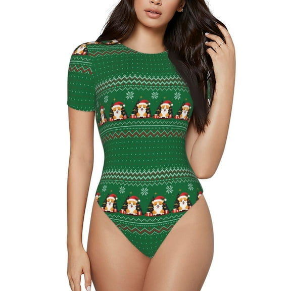 Xecao Christmas Corgis Pattern Women's Crew Neck Body Suit, Short-Sleeved Bodysuit and Basic Swimsuit,Both Comfort and Style for Dating and Daily life -Small