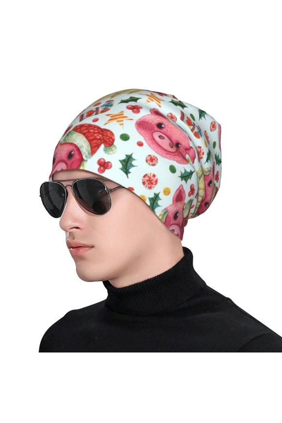 Christmas Cute Pigs Print Beanie Knitted Hat for Men Women, Winter Fashion Knit Cuffed Caps Unisex