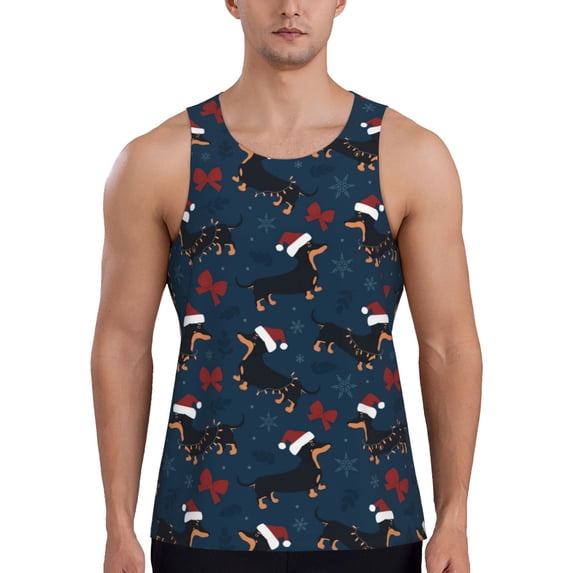 Xecao Christmas Dachshund Men's Tank Top Workout Quick Dry Sleeveless Gym Jogging Muscle Shirts Summer Swim Beach Tops