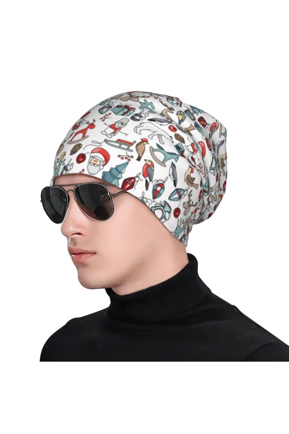 Christmas Elements Print Beanie Knitted Hat for Men Women, Winter Fashion Knit Cuffed Caps Unisex
