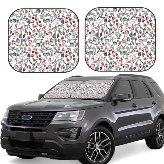 Xecao Christmas Elements for Foldable Car Sun Shades (2-Pack) offer sun protection with an easy-fold design for convenient windshield shading.
