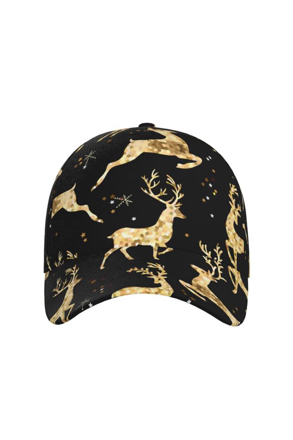 Christmas Gold Deers for Baseball Cap: Unisex, crafted from classic polyester twill fabric, featuring a soft unconstructed design