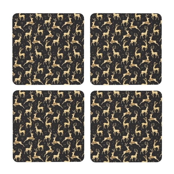 Xecao Christmas Gold Deers for MDF Cork Coaster 4 Pcs,Drink Coasters,Suit for House Warming Gifts New Home ,Coffee Table Decor-Square