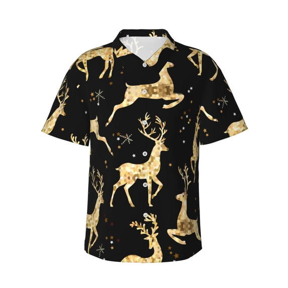 Xecao Christmas Gold Deers print Hawaiian shirt - a stylish short-sleeve button-down for men, perfect for casual beach and tropical outings.