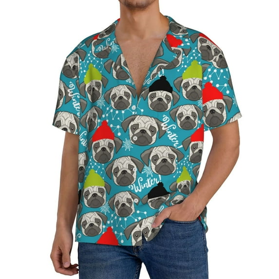 Xecao Christmas Hat Cute French Bulldog Men's Casual Short-sleeved Shirt, a button-up collared shirt with a pocket-4X-Large