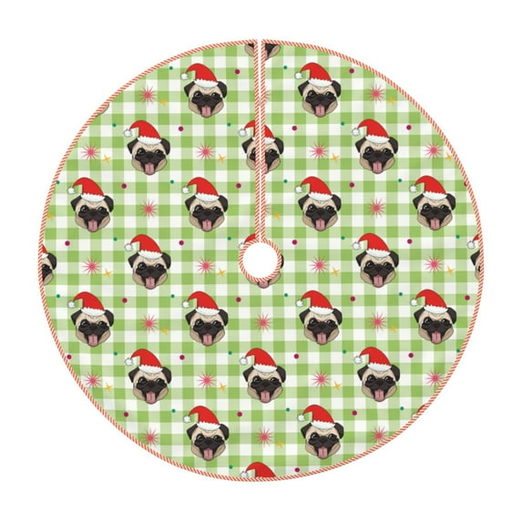 Xecao Christmas Hat French Bulldog Pattern Christmas Tree Skirt Round Xmas Tree Mat Base Cover for Holiday Home Decorations-48"