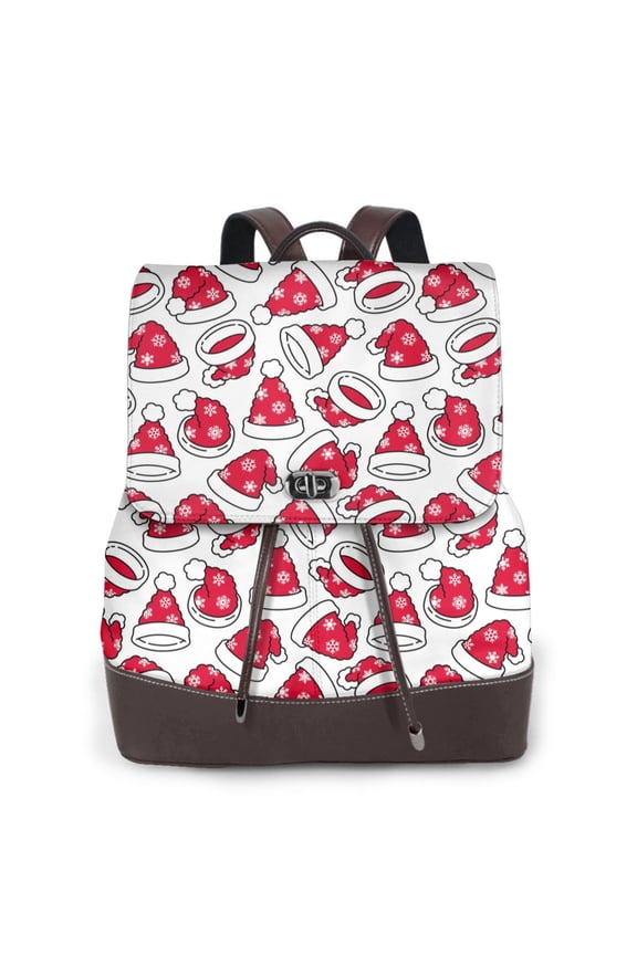 Christmas Hat Print Large Backpack Soft Leather for Women Travel with Compartment, Adjustable Convertible Strap