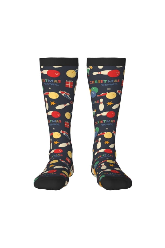 Christmas Holiday Bowling print thigh-high socks, crafted for both men and women with a stretchy, high-opaque design perfect for daily wear