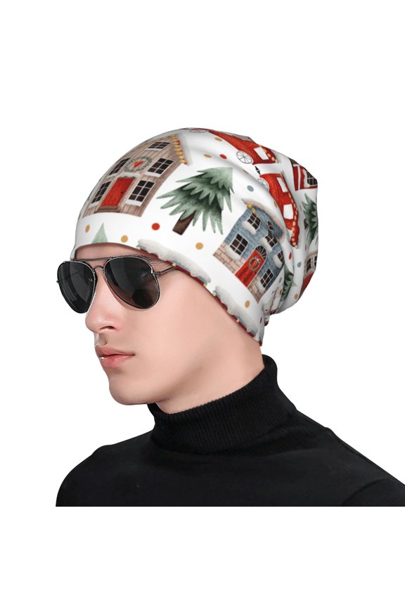 Christmas Houses Print Beanie Knitted Hat for Men Women, Winter Fashion Knit Cuffed Caps Unisex