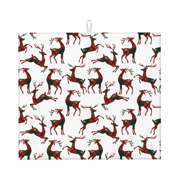 Xecao Christmas Plaid Moose Print Dish Drying Mat for Kitchen Counter,Absorbent Coffee Bar Mat, Dish Drainer Rack Mats,Dining Room Decoration