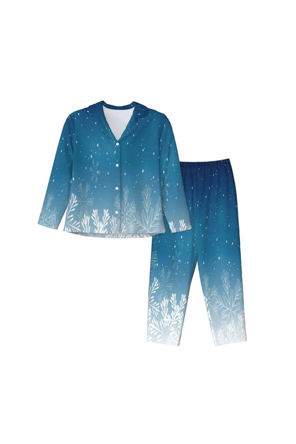 Christmas Snowflakes Print Women Pajamas Set Soft Sleepwear Pjs long Sleeve Button Down Nightwear with Long Pants