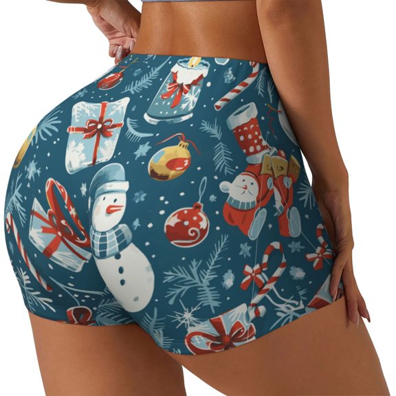 Xecao Christmas Snowman Gift Print Workout Shorts for Women Soft Smooth Gym Yoga Scrunch Active Tennis Workout Running Shorts-