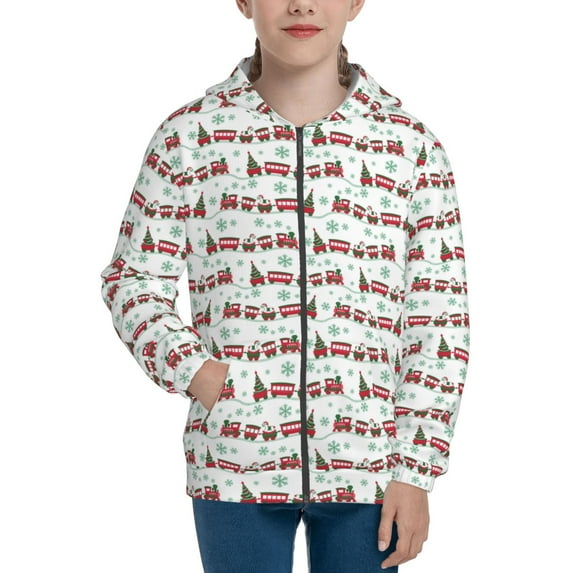 Xecao Christmas Train Pattern Zip Up Hoodies for Boys Girls, Sweatshirt with Pockets-Medium