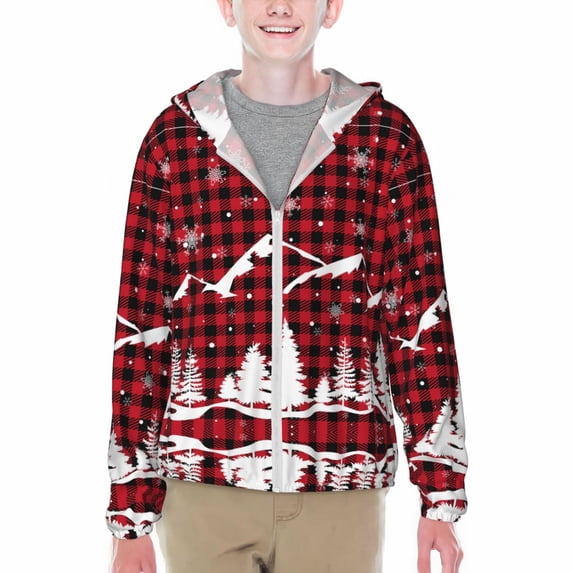 Xecao Christmas Tree Buffalo Plaid Print Fishing Shirts for teenager Long Sleeve UV Sun Protection Hoodie with Zipper Outdoor Hiking Shirts-Large