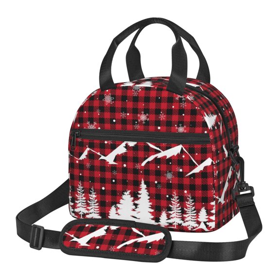 Xecao Christmas Tree Buffalo Plaid Print Insulated Lunch Box, Lunch Cags Lunch Bag Featuring An Adjustable Shoulder Strap