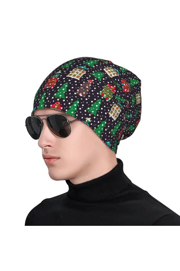 Christmas Trees And Houses Print Beanie Knitted Hat for Men Women, Winter Fashion Knit Cuffed Caps Unisex