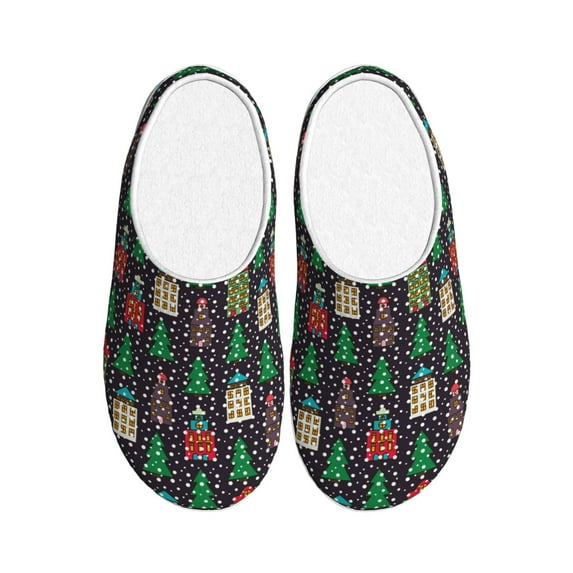 Xecao Christmas Trees And Houses Print Cotton Slippers Fuzzy Warm Cozy Slippers Non Slip House Slippers For Indoor Outdoor Cotton Slippers House Slippers-37/38
