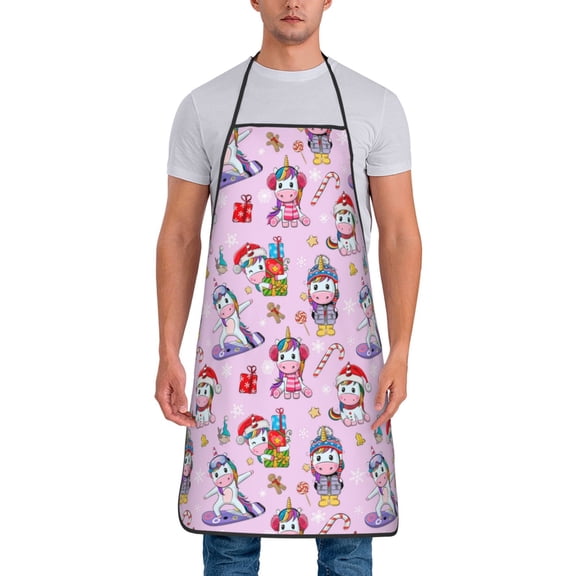 Xecao Christmas Unicorns Print Funny BBQ Chef Aprons for Men Women,Adjustable Kitchen Cooking Aprons with Pocket Waterproof Oil Proof No Pilling Fading