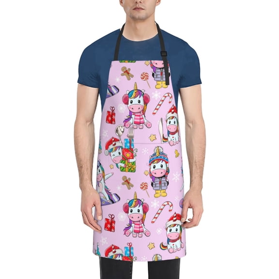 Xecao Christmas Unicorns Print Kitchen Cooking Aprons, Waterproof Adjustable Bib Aprons with 2 Pockets for Women Men Chef