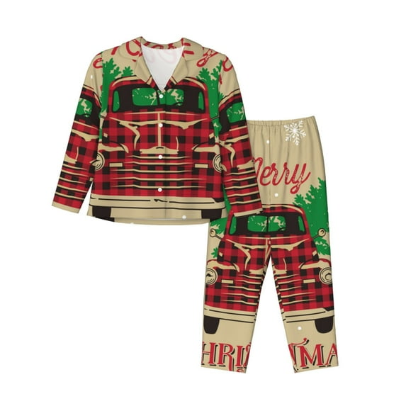 Xecao Christmas Vintage Red Truck Print Women Pajamas Set Soft Sleepwear Pjs long Sleeve Button Down Nightwear with Long Pants