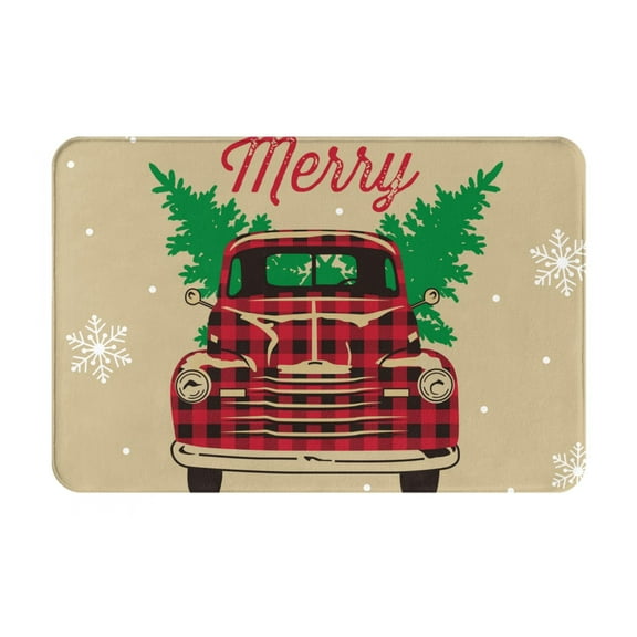 Xecao Christmas Vintage Red Truck print Flannel Mat: Non-slip, 16x24in. Ideal for kitchen, bedroom, bath & living room.