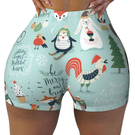 Xecao Christmas Winter Animals Print Workout Shorts for Women Soft Smooth Gym Yoga Scrunch Active Tennis Workout Running Shorts